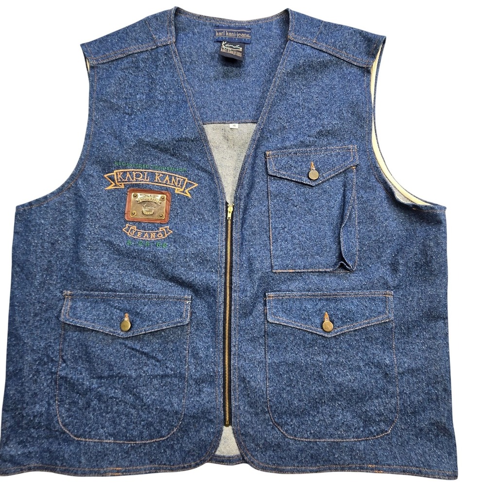 Karl Kani Jeans Vest Mens XL Blue Denim Biker Embroidered Logo Pockets